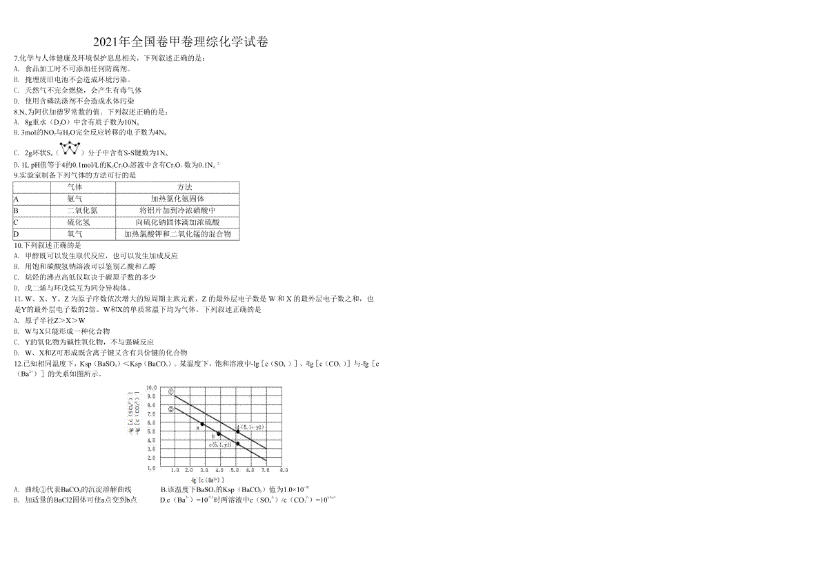 2021年全国统一高考化学试卷（新课标ⅲ）（原卷版）