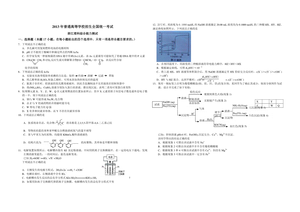 2013年浙江省高考化学（原卷版）