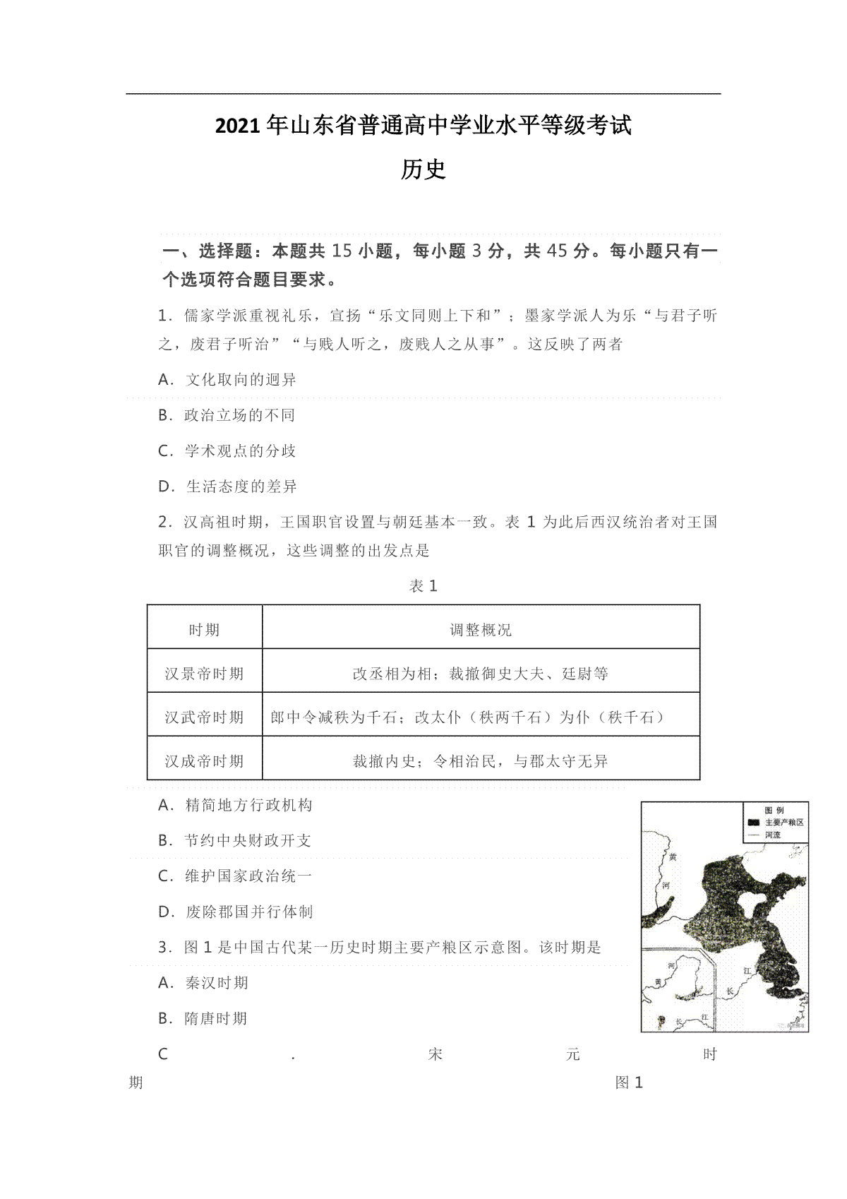 2021年高考真题历史(山东卷)（原卷版）