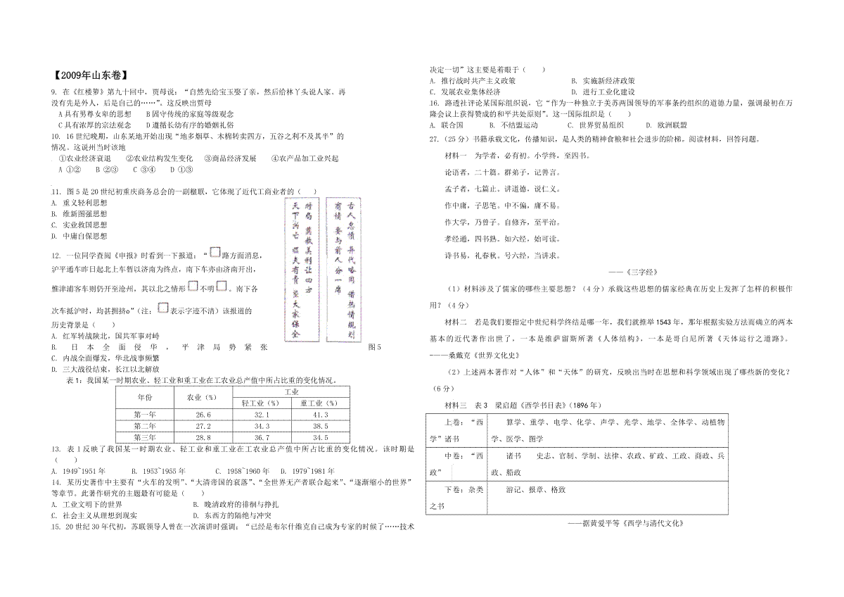 2009年高考真题 历史(山东卷)（原卷版）