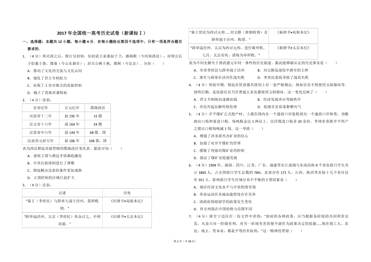 2017年高考真题 历史(山东卷)（含解析版）