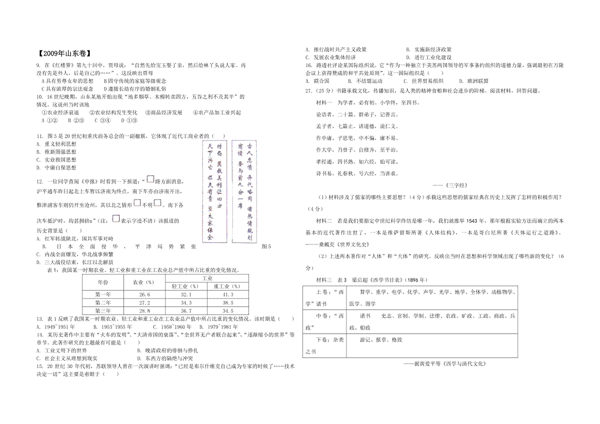 2009年高考真题 历史(山东卷)（原卷版）
