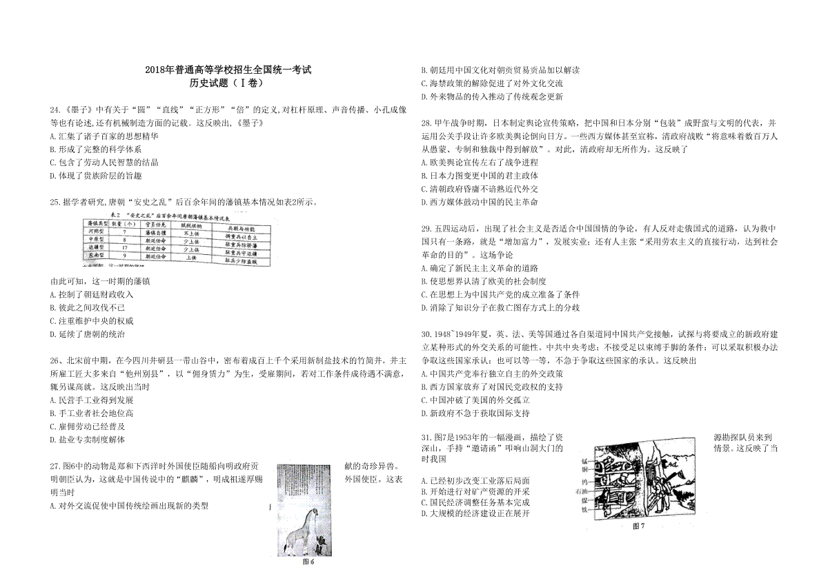 2018年广东高考历史试题及答案