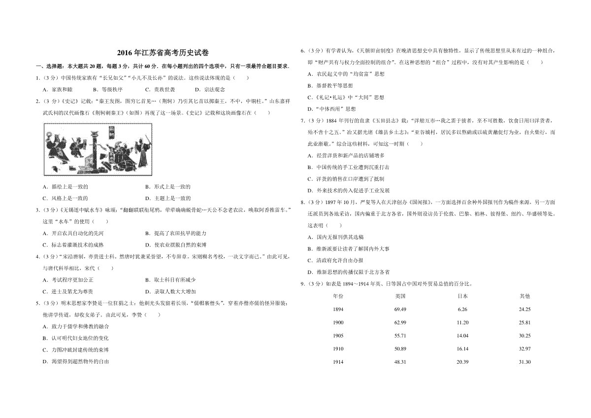 2016年江苏省高考历史试卷