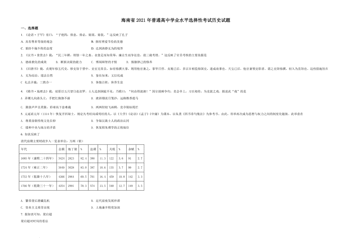 精品解析：2021年新高考海南历史高考真题（原卷版）