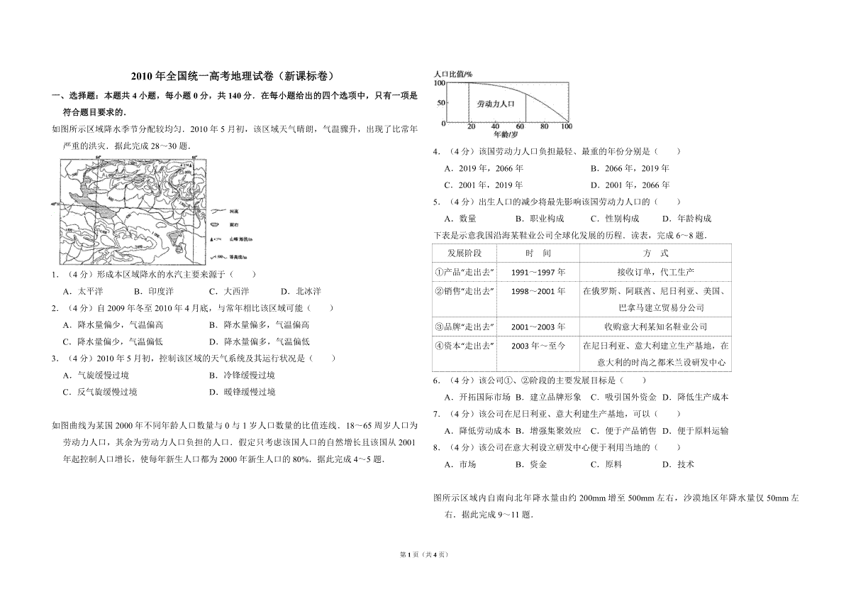 2010年全国统一高考地理试卷（新课标卷）（原卷版）