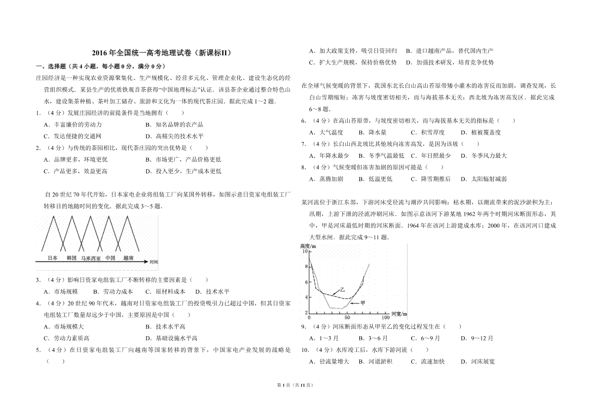 2016年全国统一高考地理试卷（新课标ⅱ）（含解析版）