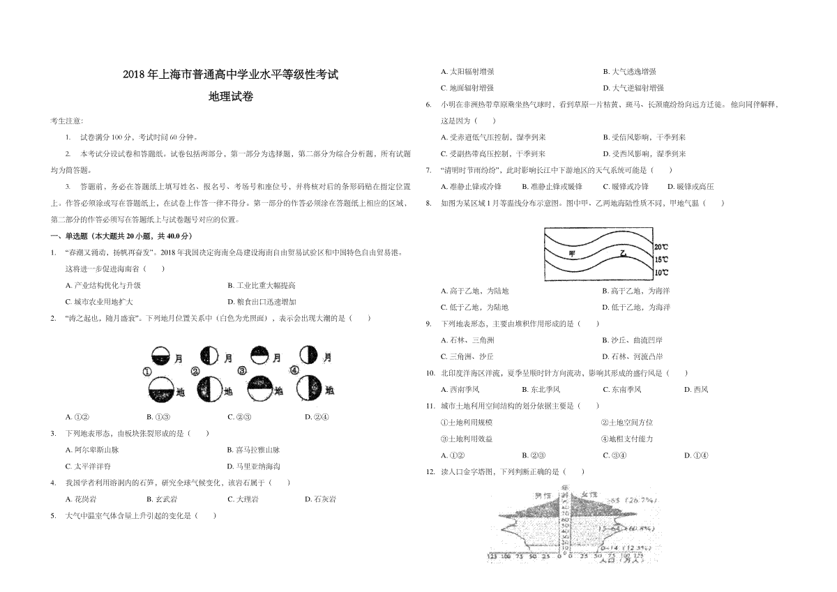 2018年上海市高考地理试题