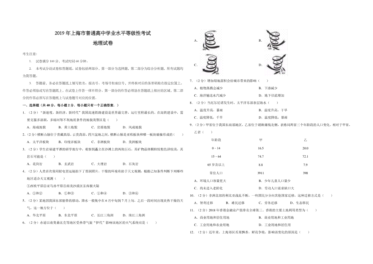 2019年上海市高考地理试题