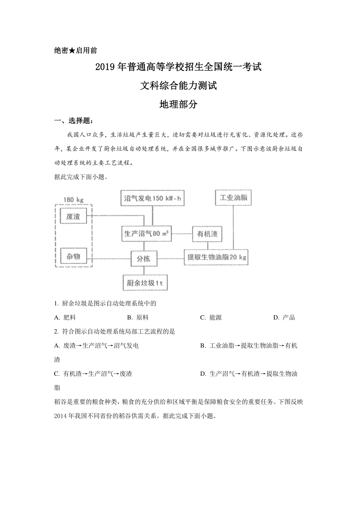 2019年全国高考四川文综地理试题及答案