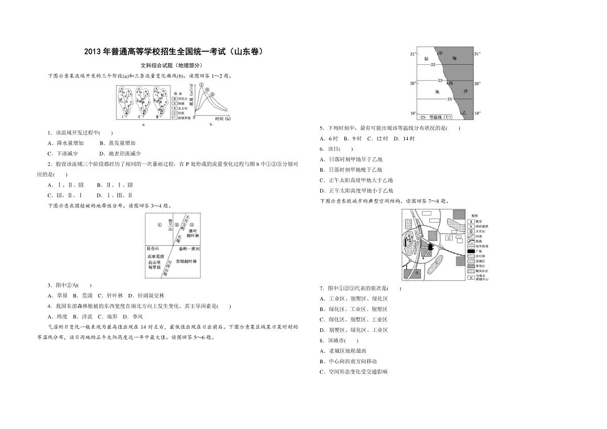 2013年高考真题 地理(山东卷)（原卷版）