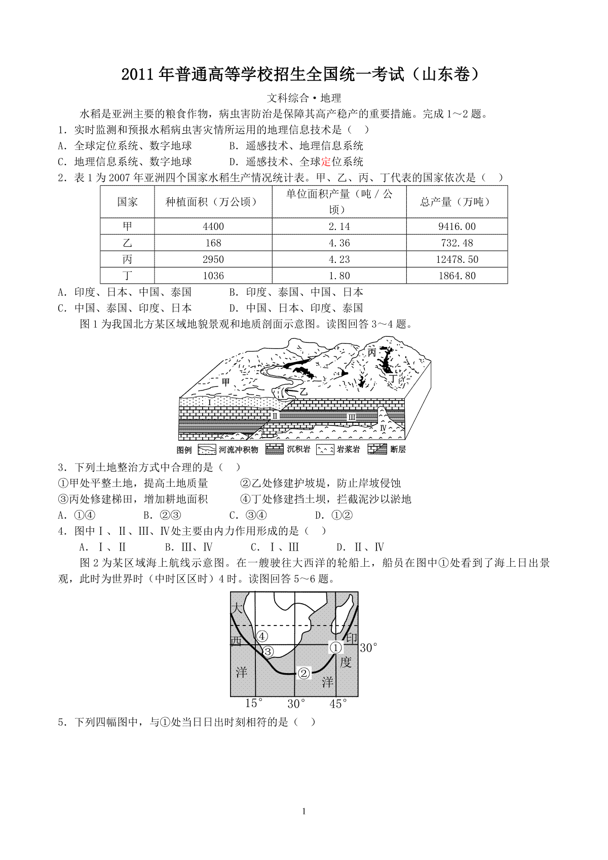 2011年高考真题 地理(山东卷)（原卷版）