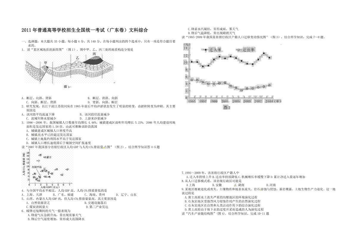 2011年广东高考地理试题及答案