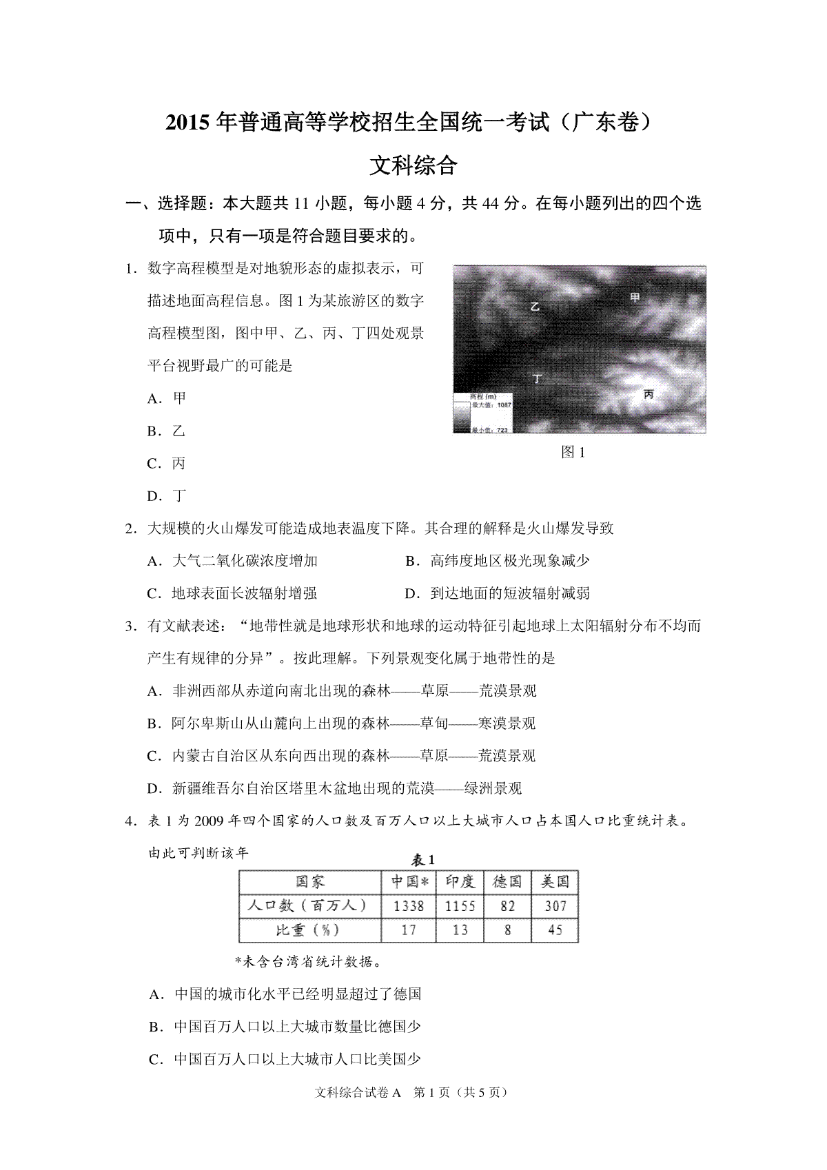 2015年广东高考地理（原卷版）