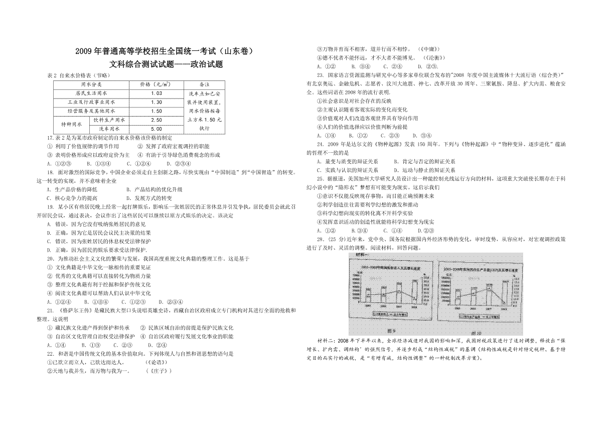 2009年高考真题 政治(山东卷)（原卷版）