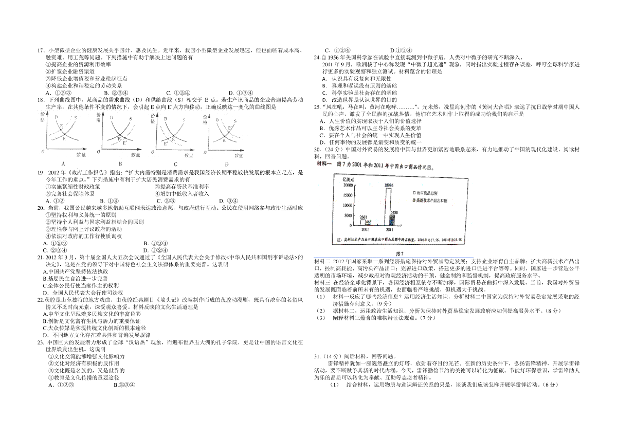 2012年高考真题 政治(山东卷)（含解析版）