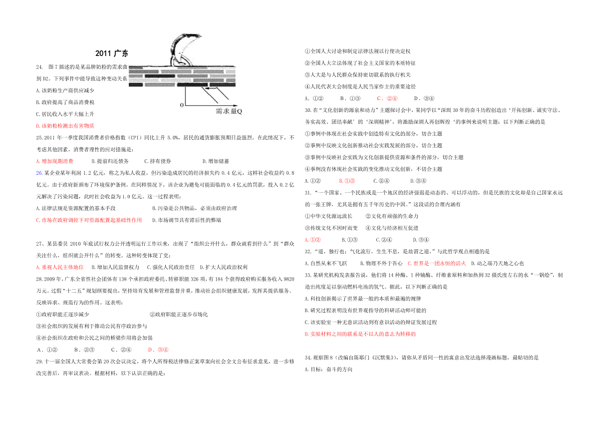 2011年高考广东政治（原卷版）