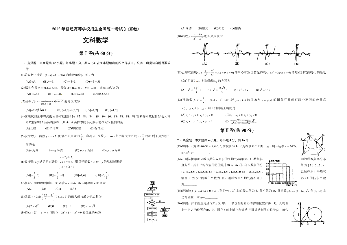 2012年高考真题数学【文】(山东卷)（原卷版)