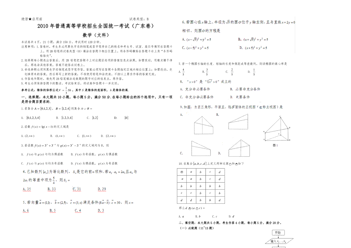 2010年广东高考（文科）数学（原卷版）