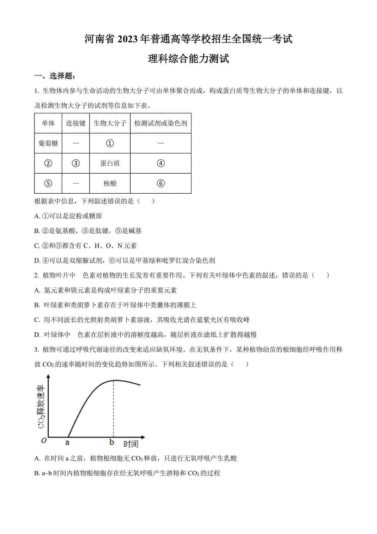 2023年高考生物试卷（全国乙卷）（空白卷）