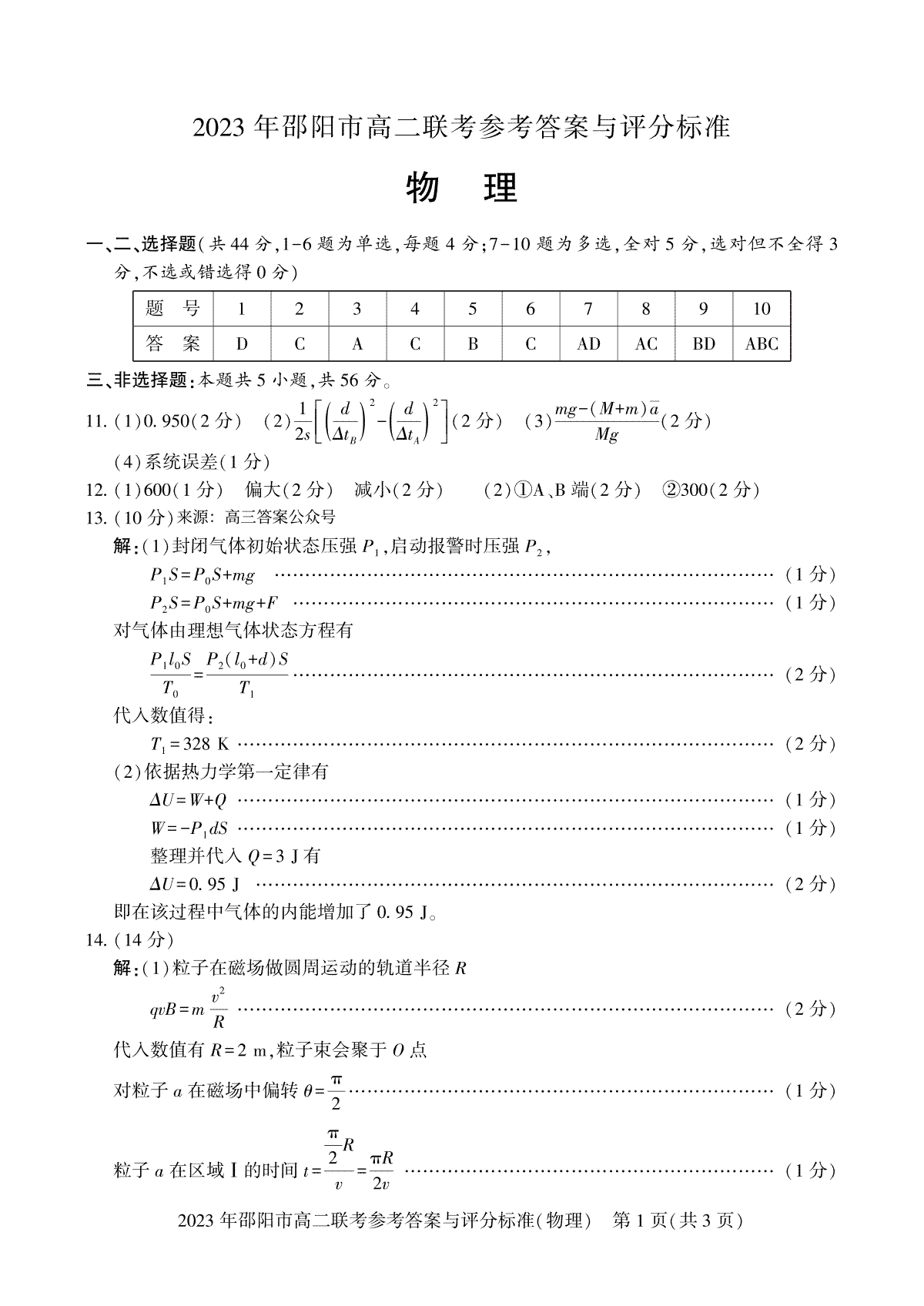 2023邵阳高二期末物理答案