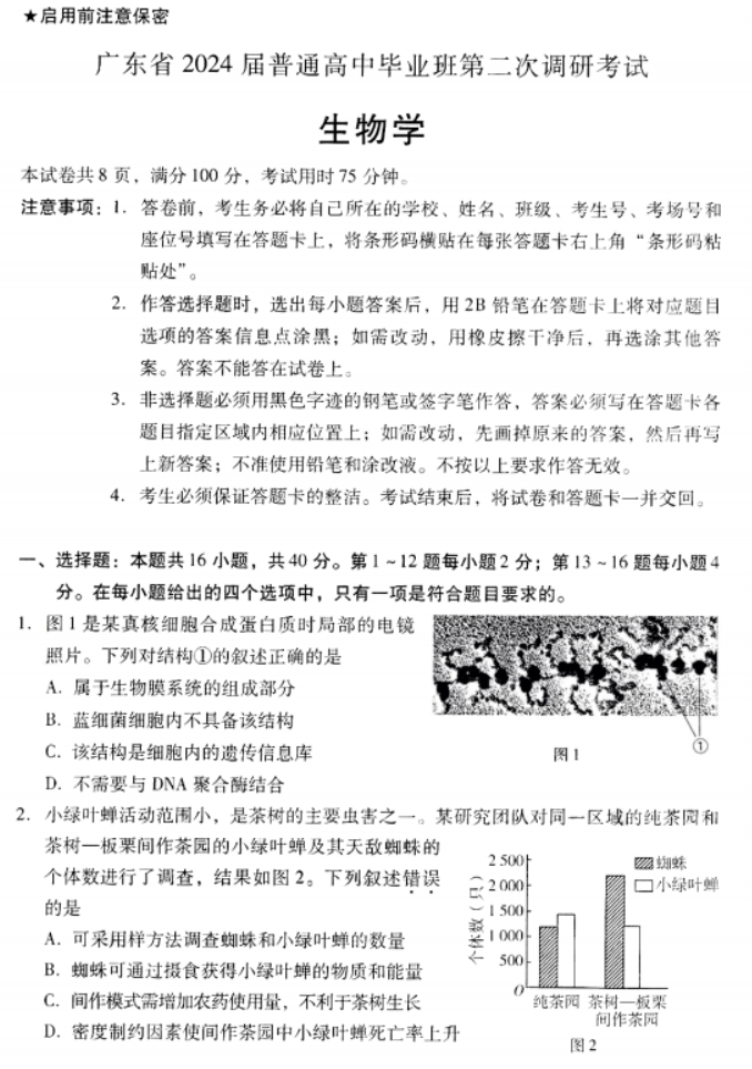 广东粤光联考2024高三第二次调研考试生物试题及答案解析