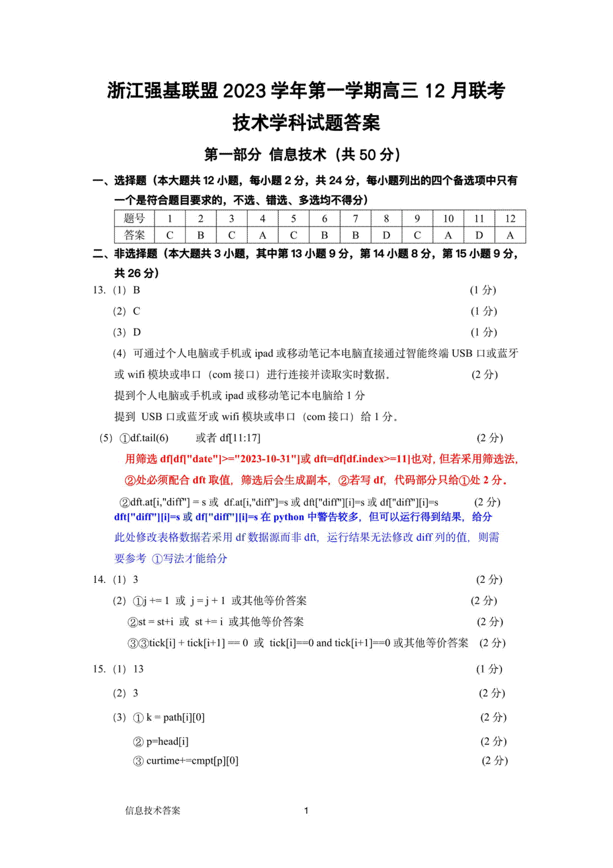 浙江强基联盟2023-2024学年第一学期高三12月联考 技术答案