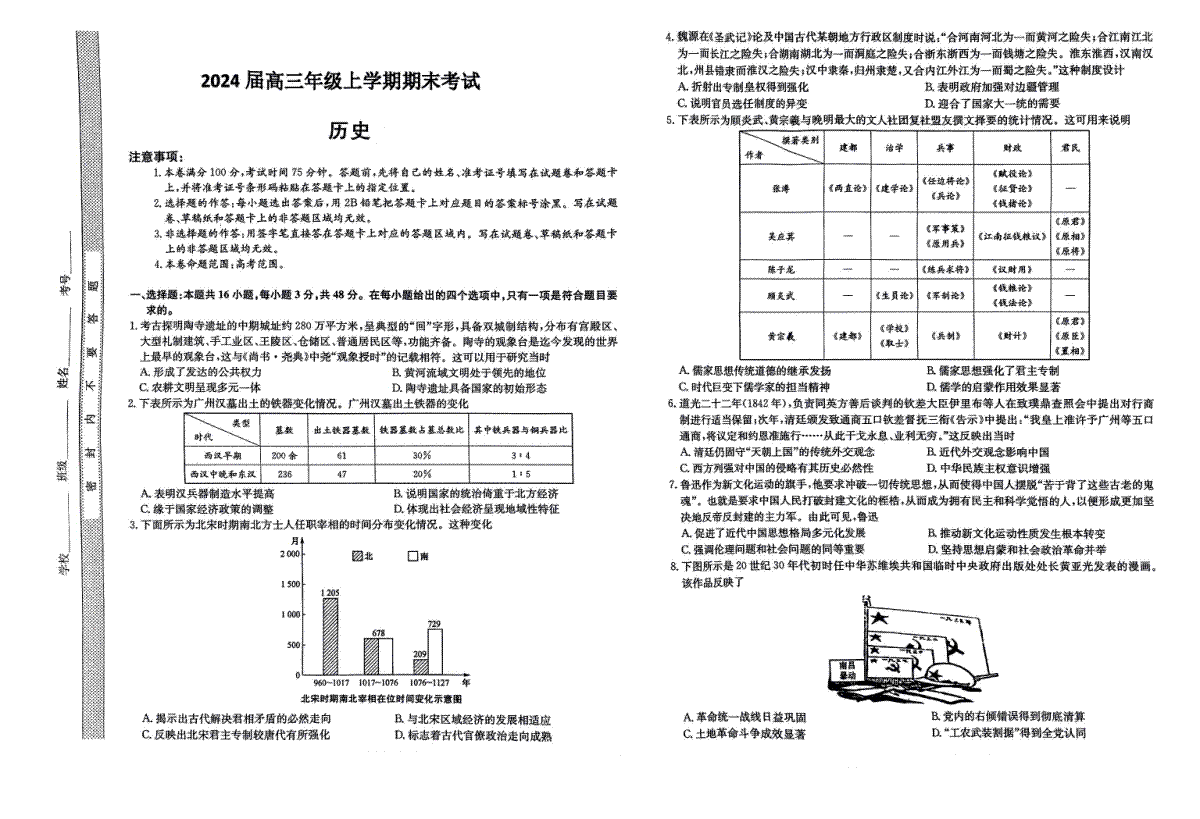 河北省唐县第一中学2023-2024学年高三上学期1月期末高三历史