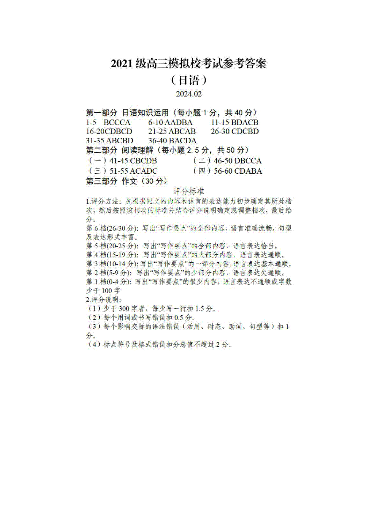 2024届山东省日照市校际联合考试高三一模（2月）日语答案