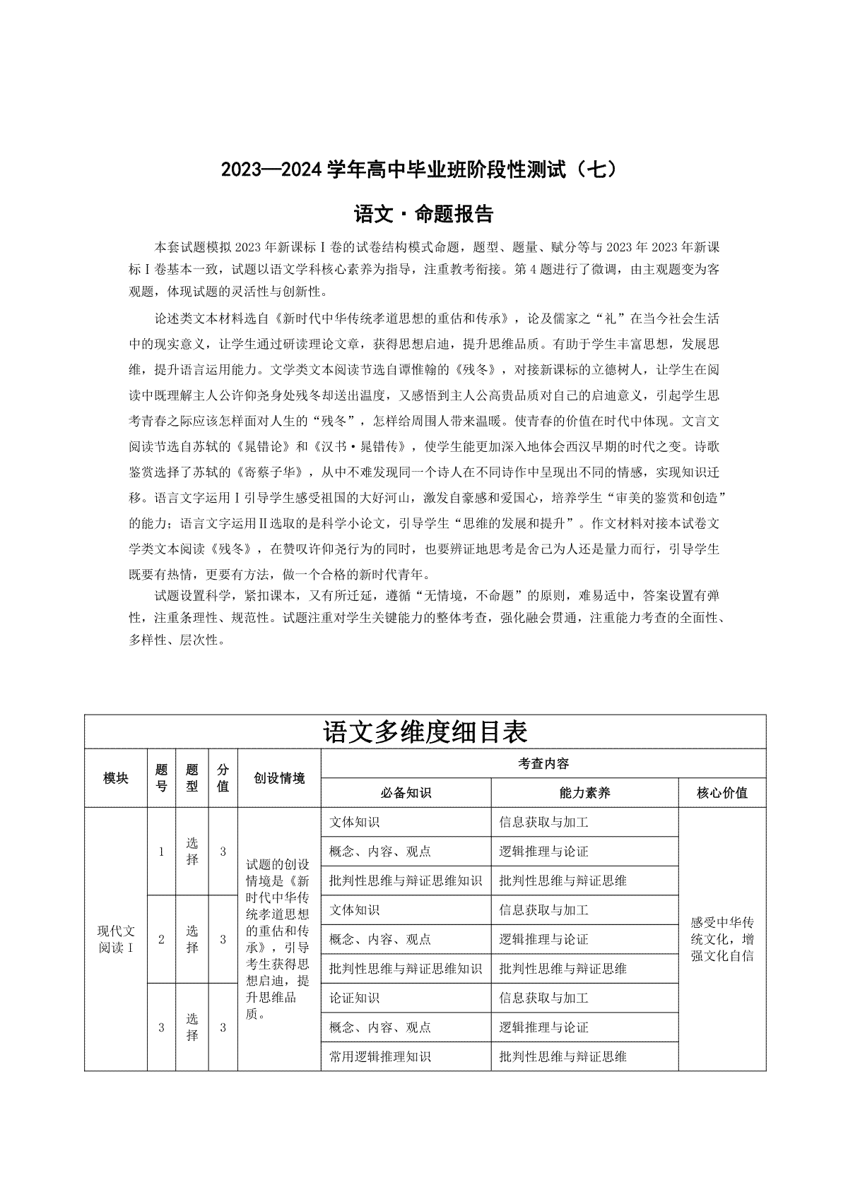 河南省部分重点高中2023-2024学年下学期高三第七次联考（3月）语文高三七联命题报告